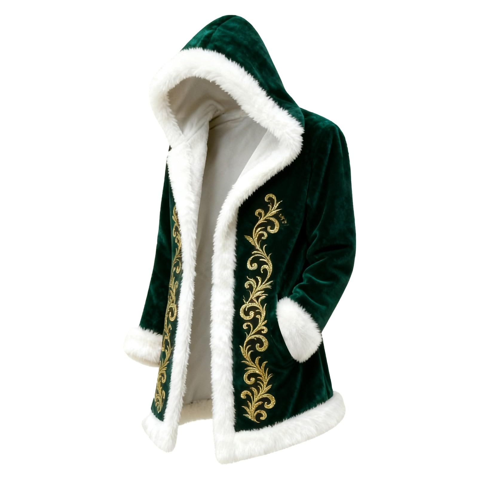 Red Velvet Christmas Costume for Men Red Hooded Cape Santa Coat Plush Lining Long Sleeve Longline Soft Warm Fluffy Festival Holiday Party Xmas Winter Cardigan