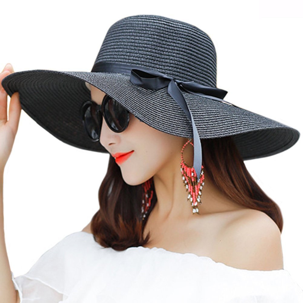FSSTUD Women Foldable Summer Sun Hats Ladies Floppy Straw Hat Beach Hat Wide Brimmed Black