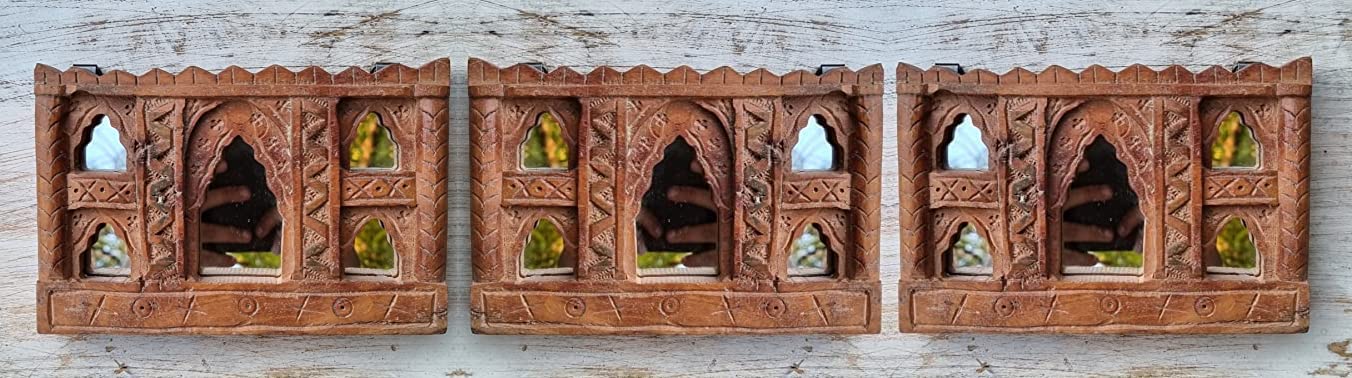 Spice Box Handmade Vintage Style Indian Temple Mirror Small Wall Decor Handcarved in Solid Hard Wood Decorative Wall Mirror Frame for Bedroom | Home Decor | Living Room 20x3x13cm Style Set of Three