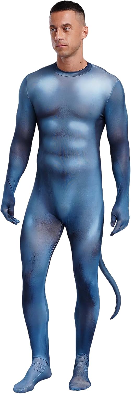 Choomomo Mens Halloween 3D Printed Animal Full-body Jumpsuit with Padded Tail Footed Catsuit Bodysuit