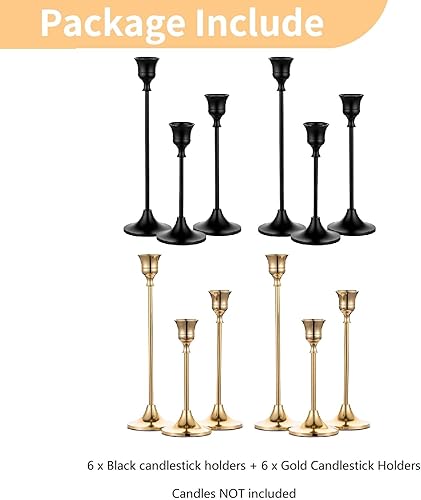 Miniatura 2 de NUPTIO Portavelas para centro de mesa juego de 6 portavelas negros y 6 portavelas cónicos dorados para el hogar, mesa de comedor, chimenea, sala de