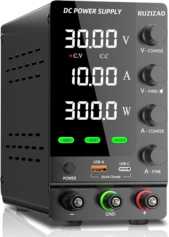 RUZIZAO Laboratóriumi Tápegység 30V 10A Szabályozható DC Kapcsolóüzemű Áramforrás OCP/OVP Védelemmel USB-A/Type-C Gyorstöltéssel