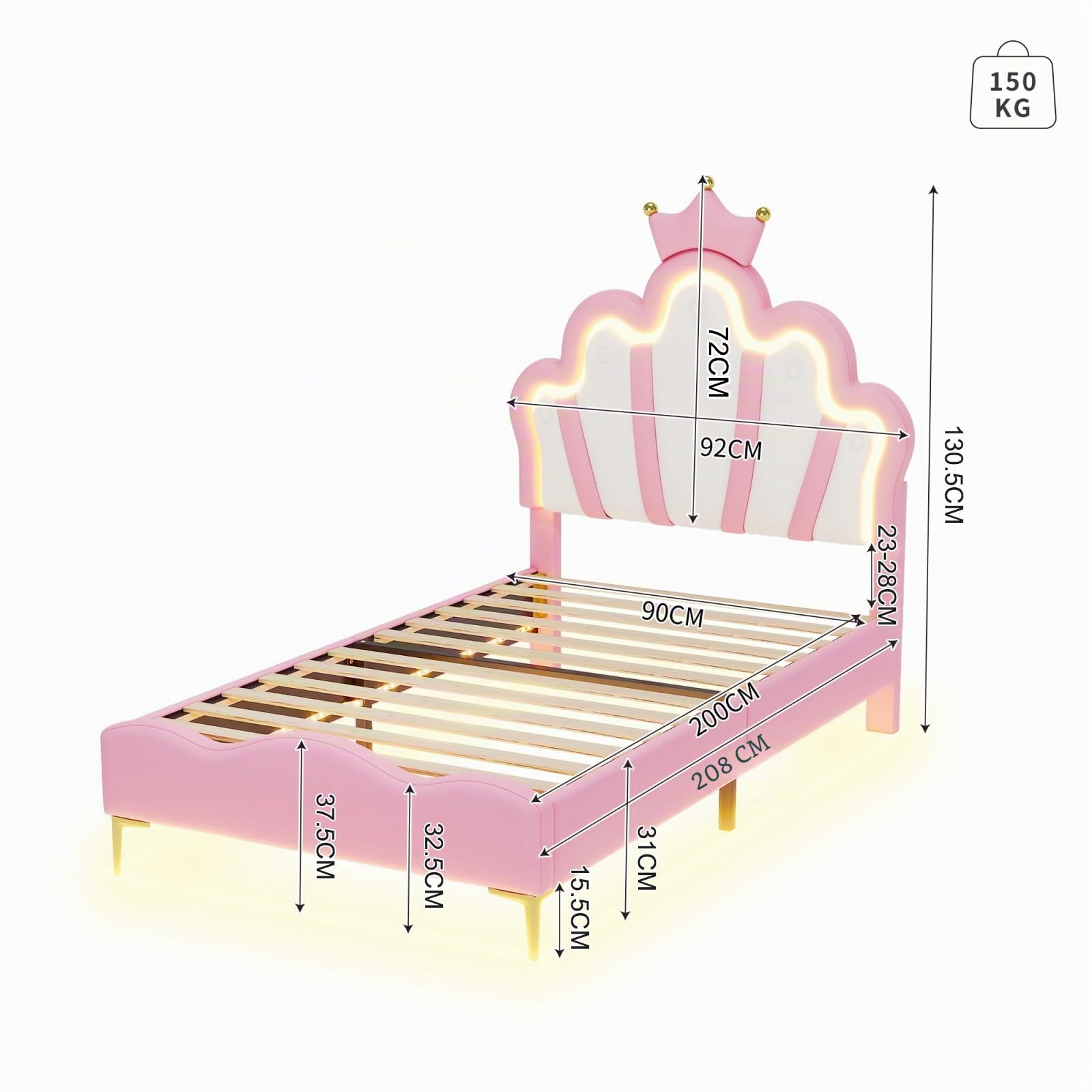 Cama infantil niña 90 x 200 cm, cama princesa con iluminación LED, cabecera de cama ajustable en altura en forma de corona, camas de 1 plaza acolchadas para niña adolescente, somier de láminas, PU