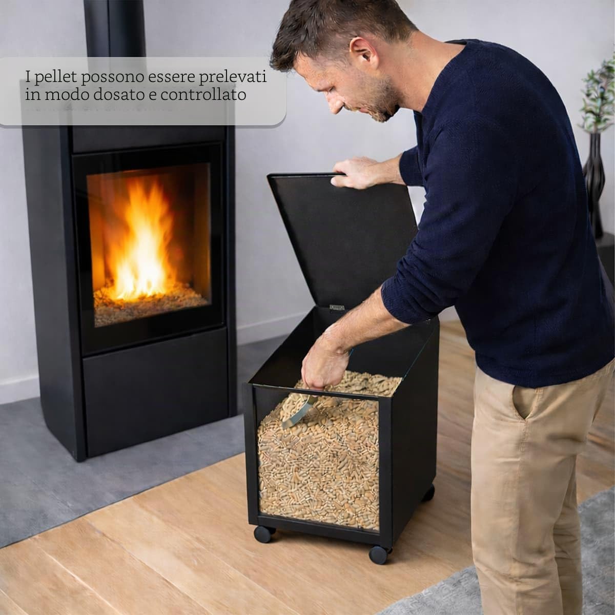 MS Beschläge Pellet Box in metallo nero con ruote e parabrezza, contenitore mobile per pellet con coperchio, per stufa a pellet e camino, robusto carrello a pellet per pellet di legno fino a 35 kg