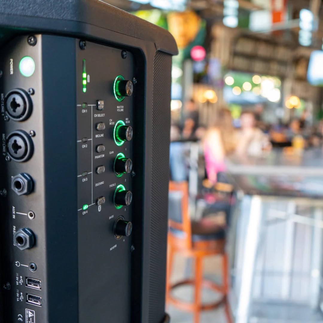 PLS-1 Akku-Lautsprecher, Mikrofon, Ständer, Tasche, 20,3 cm Tieftöner, 4-K Mischpult, 10 Stunden Akku, 120 W | Hochzeiten, Karaoke, Trivia, Outdoor, Poolside | Bluetooth, True Wireless