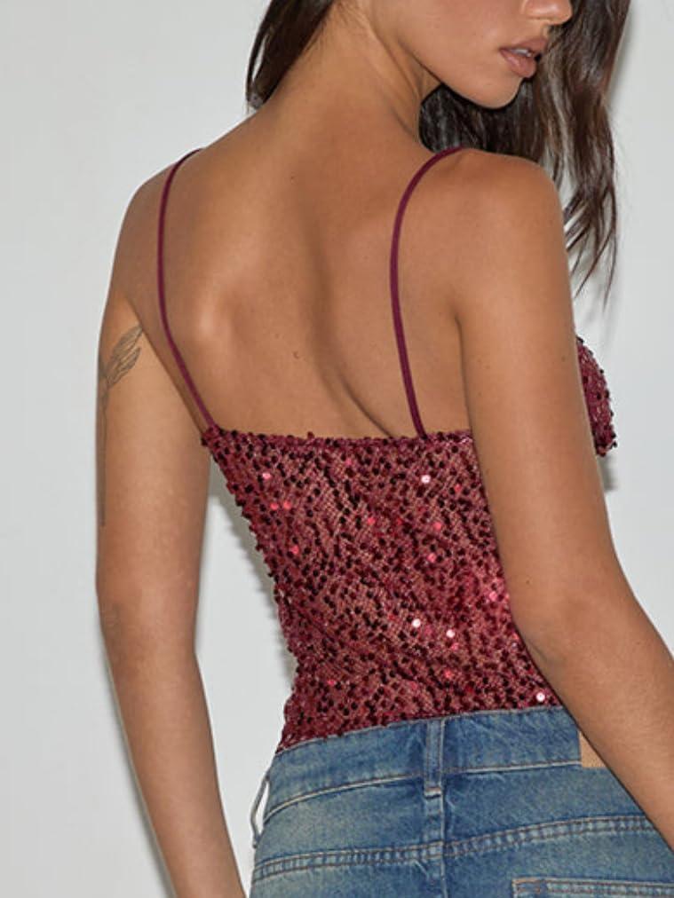 Seyumixi Women Sparkly Cami Top Sequin Spaghetti Strap Glitter Crop Top Sleeveless Going Out Tops Party Concert Outfits - Image 4