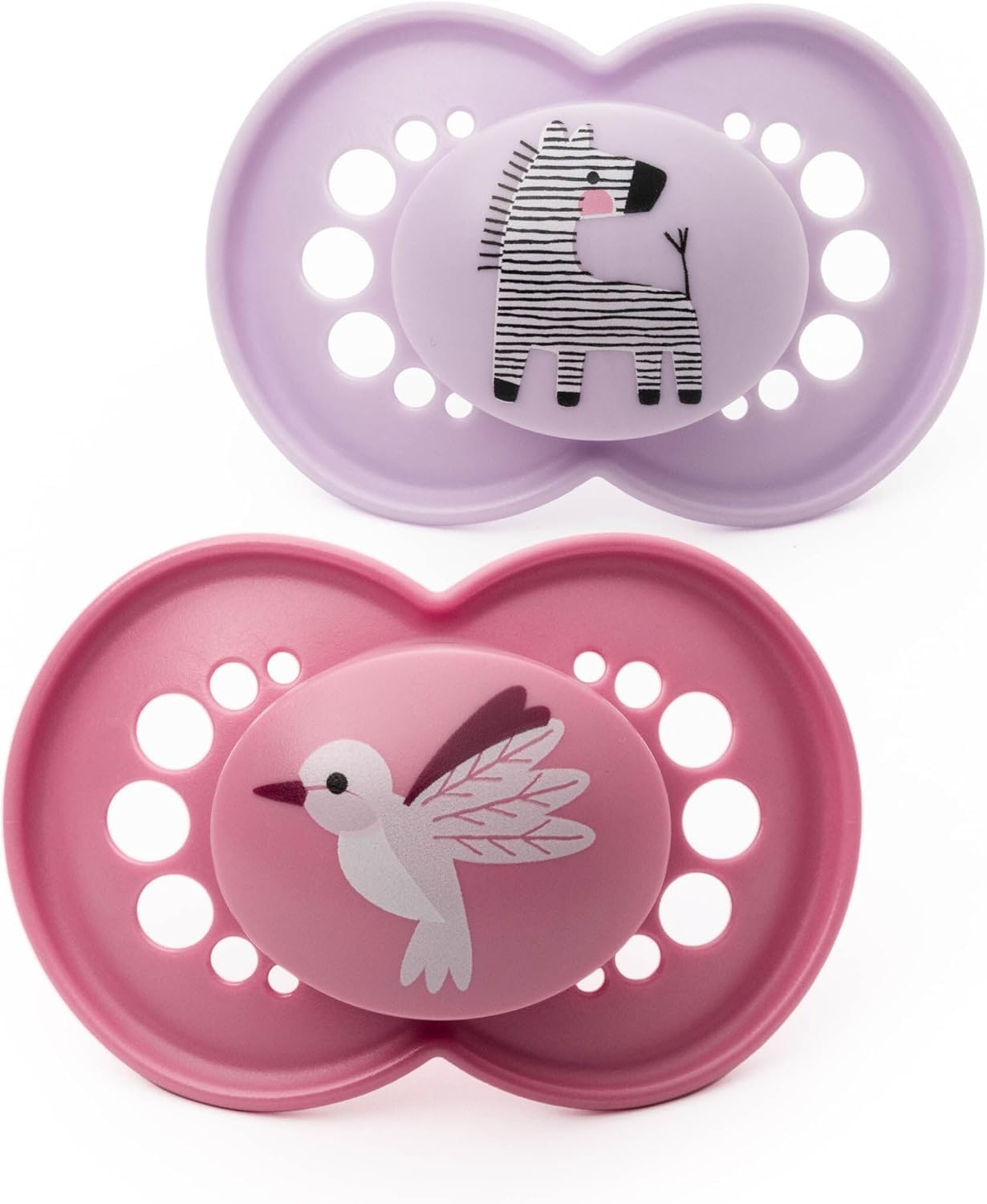 MAM Original Soothers | 6-18 Months | 2 Pack | Comes in Dummy Steriliser Case | Sustainable Materials | Baby Accessories | Pink/Lilac (Various Designs)