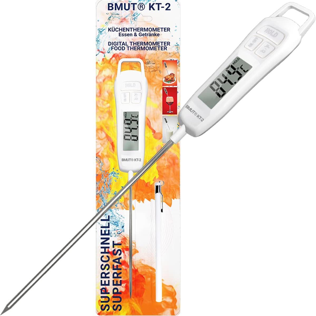 1 x Kitchen Thermometer (Digital) - Fast - For Food & Drinks (-50°C to +300°C) BMUT KT-2 Roasting Thermometer, Meat, Tea, Water, BBQ