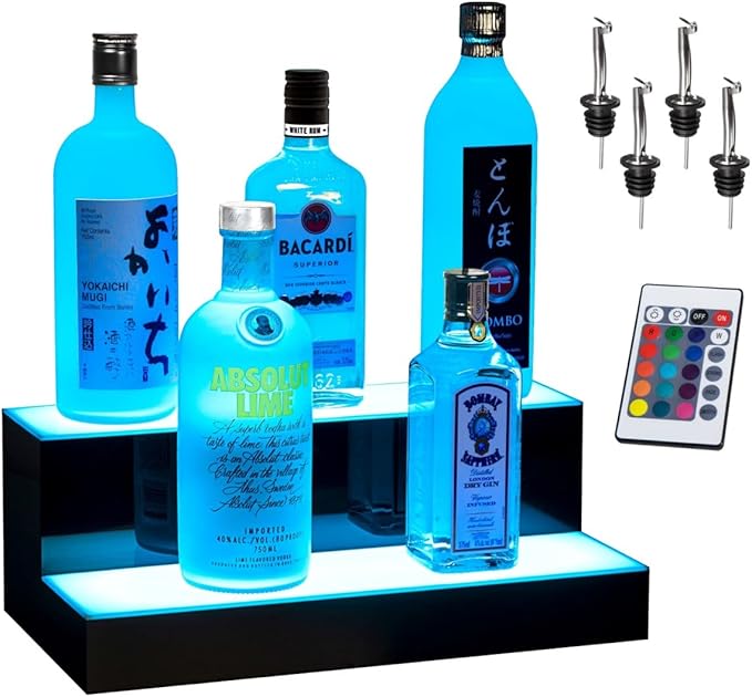 Boss Premium® BarUSA™ LED Lighted Bar Shelf Display Liquor Bottle Alcohol Whiskey Shelves Rack Stand Tray Units for Home Bar Living Room Accessories and Decor - Designed in USA (2-Step, 16 Inch)