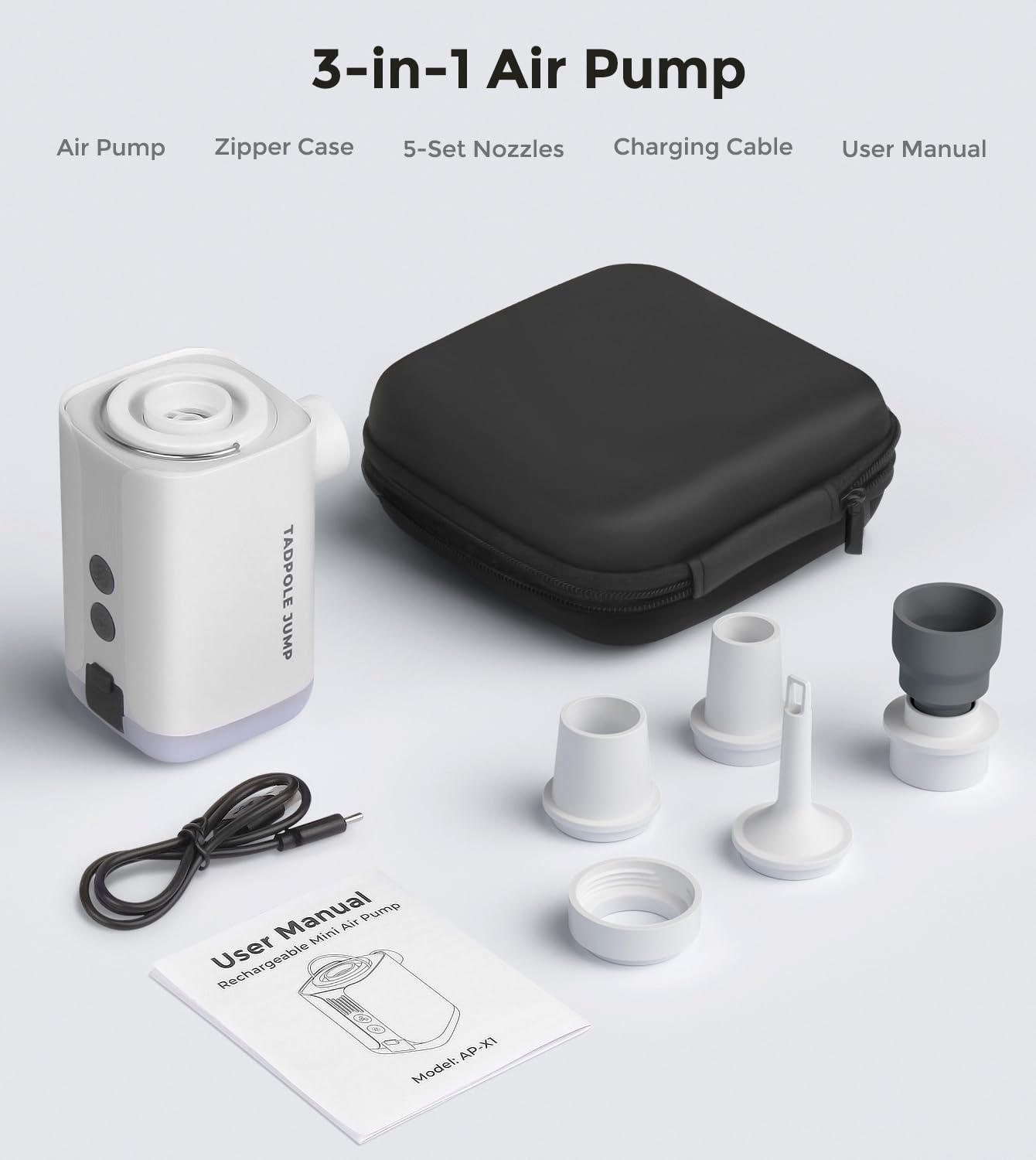 Pompa ad aria portatile per gonfiabili, senza fili, ad alta potenza, ricaricabile, mini pompa per gonfiare/sgonfiare materasso, materassini, galleggianti per piscina, ecc. 3 in 1 con lanterna da