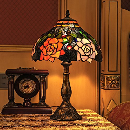 Gweat Tiffany 12 pulgadas Pastoral estilo europeo hecho a mano del vidrio manchado elegante Tabla Rose lámpara de la mesita de luz