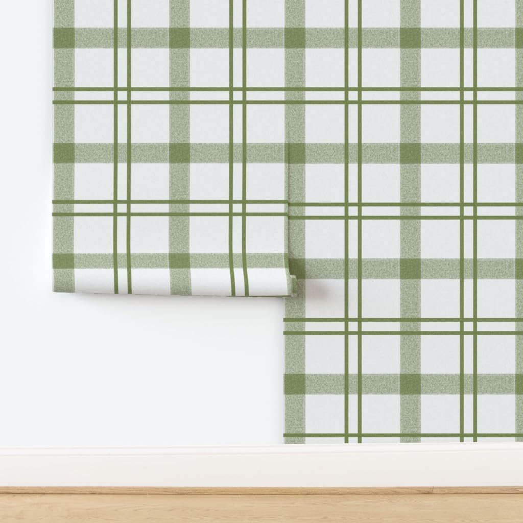 Peel & Stick Wallpaper 3ft x 2ft - Avocado Green Plaid Olive Sage Green Rustic Stripe Check Tartan Custom Removable Wallpaper by Spoonflower