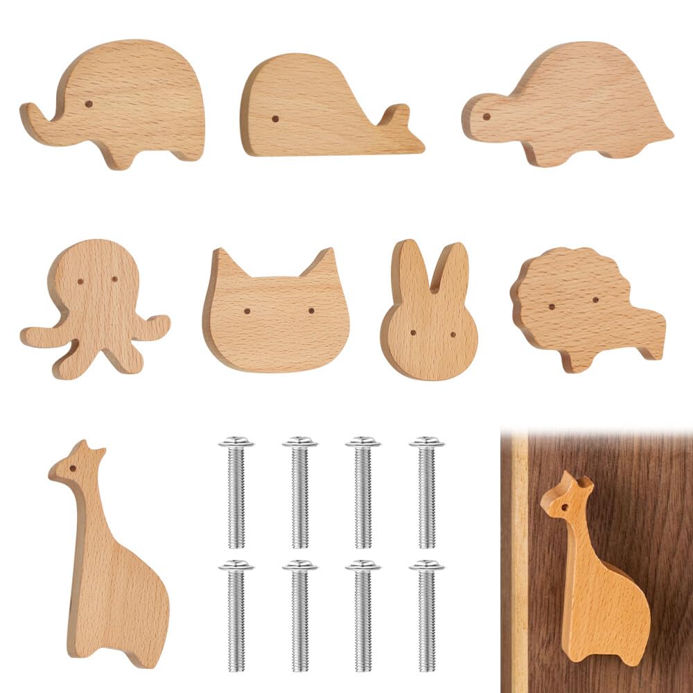 NAVESO 8 pomos de armario de madera para habitación de los niños, tiradores de armario de madera, tiradores de cajones de madera de animales, pomos decorativos de madera con tornillos, pomos para