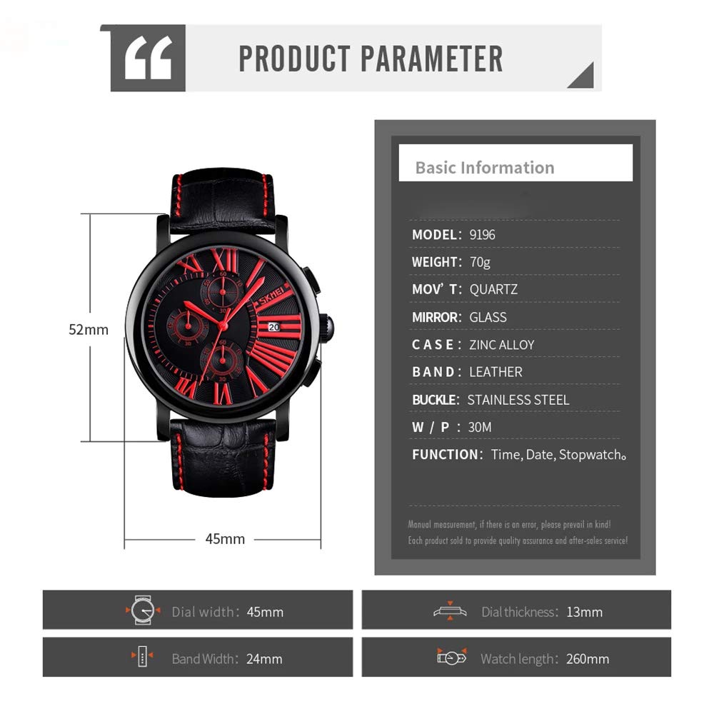 MASTOP Orologio da polso analogico al quarzo da uomo, sportivo, impermeabile, con data, in pelle