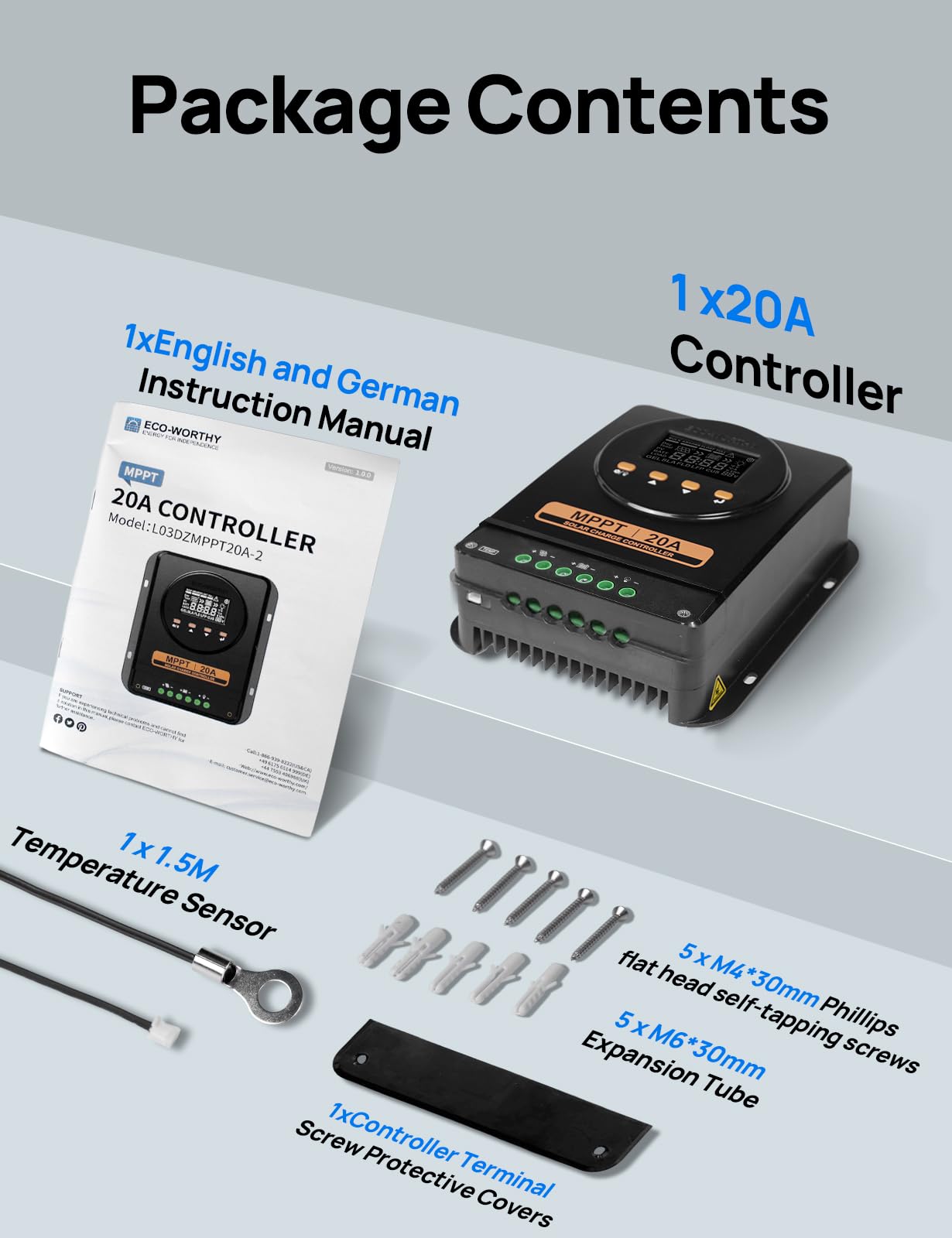 ECO-WORTHY Régulateur de charge MPPT 20 A, 12 V/24 V avec détection automatique, Bluetooth, application et écran, compatible avec les batteries plomb-acide, SLA, FLD, LFP, convient pour camping-car et