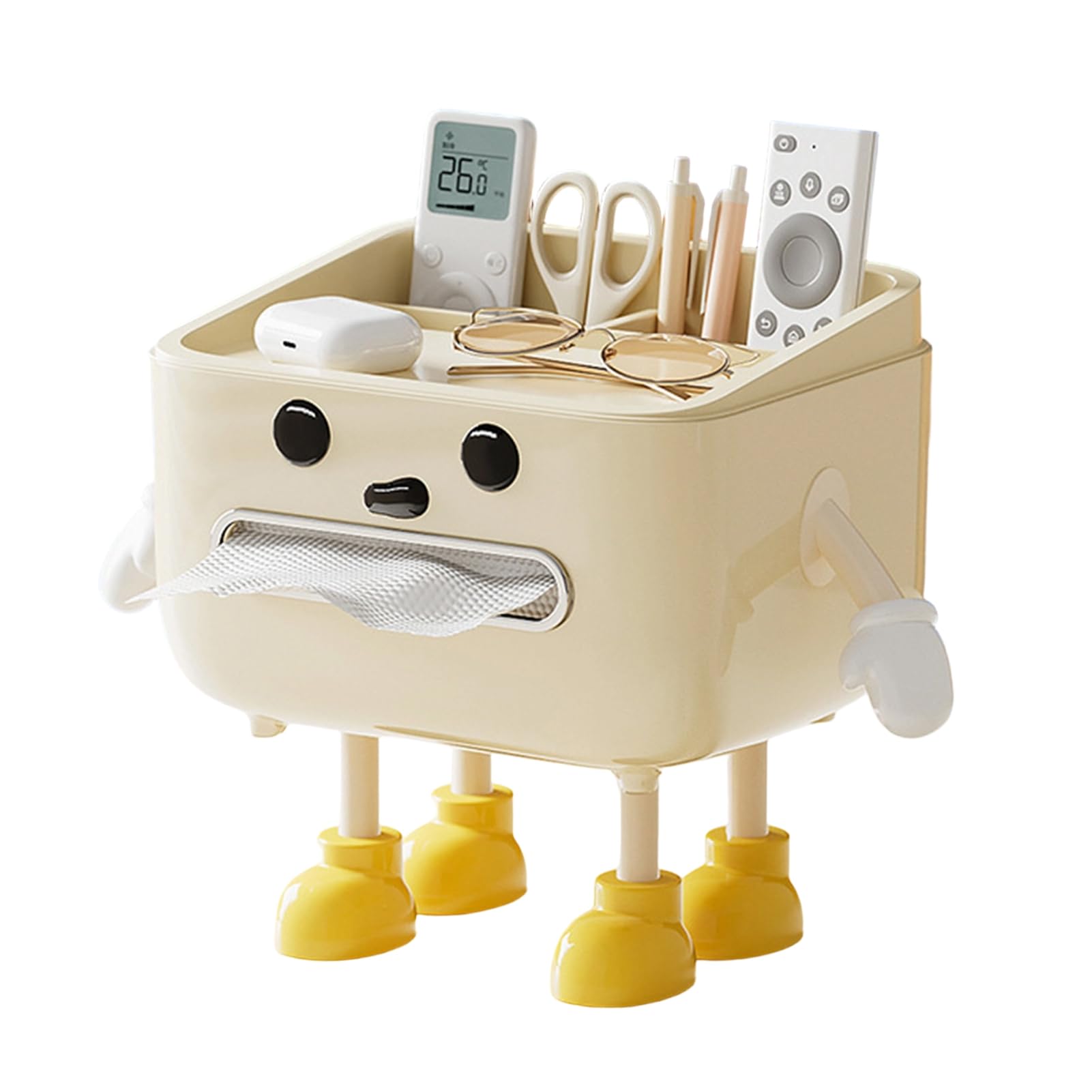 Glifora Cute Tissue Box Cover - Tissue Box Holder with Legs and Phone Holder, Multifunctional Tissue Dispenser with Compartments for Home Desktop Organisation