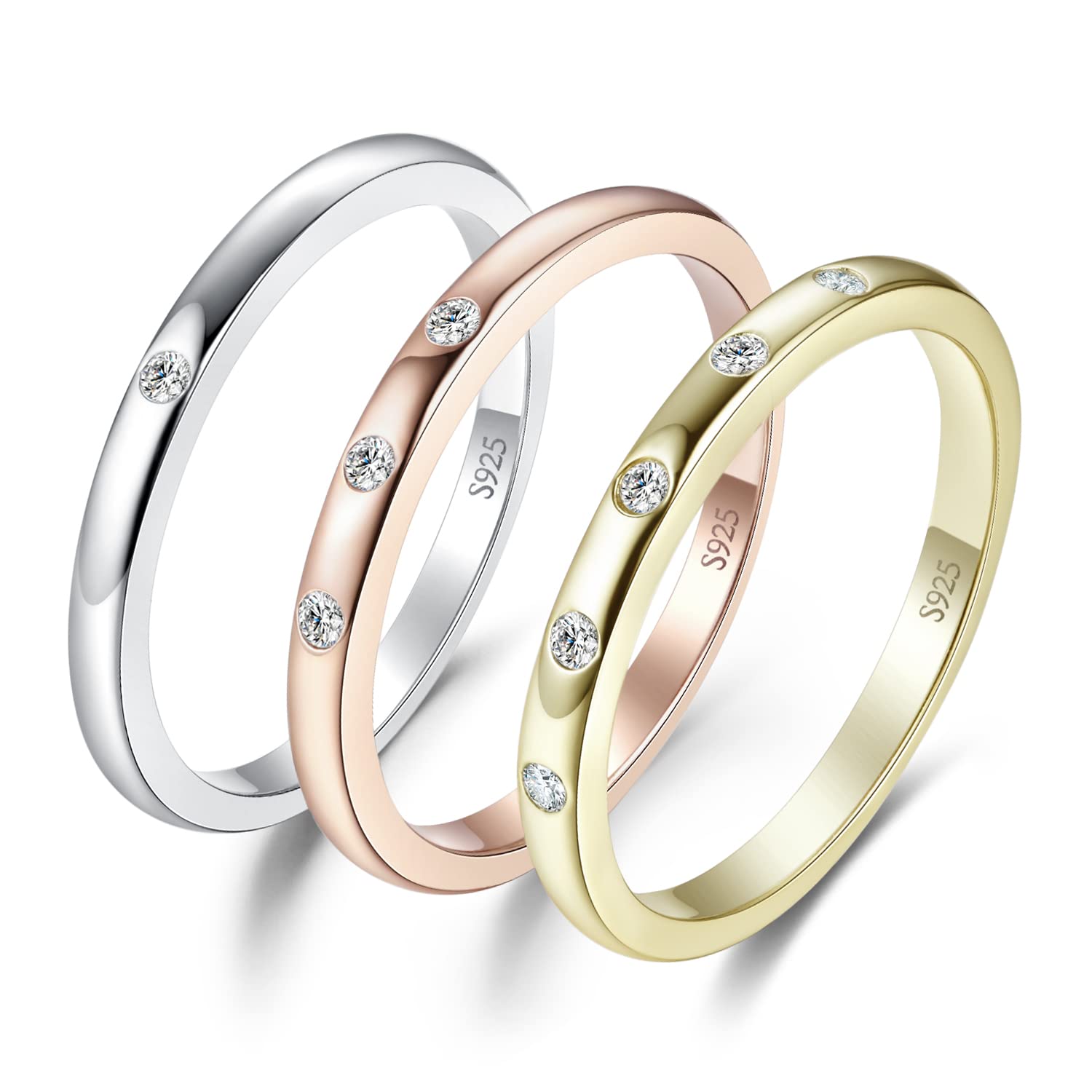 JewelryPalace 3Pcs Anillos Mujer Plata Oro Rosa Chapado en Oro 14k, Pavé Banda de Boda Apilable, Anillo Promesa Clásico Niña Circonitas, Conjunto Anillos Joyas de Mujer