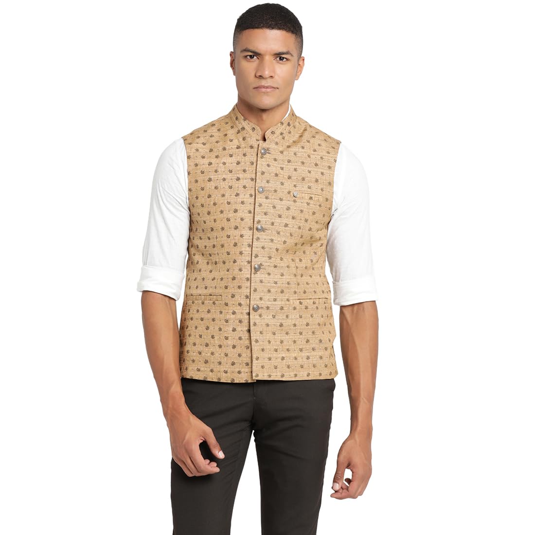 turtle Men 100% Cotton Dobby Print Brown Nehru Jacket-picture-18