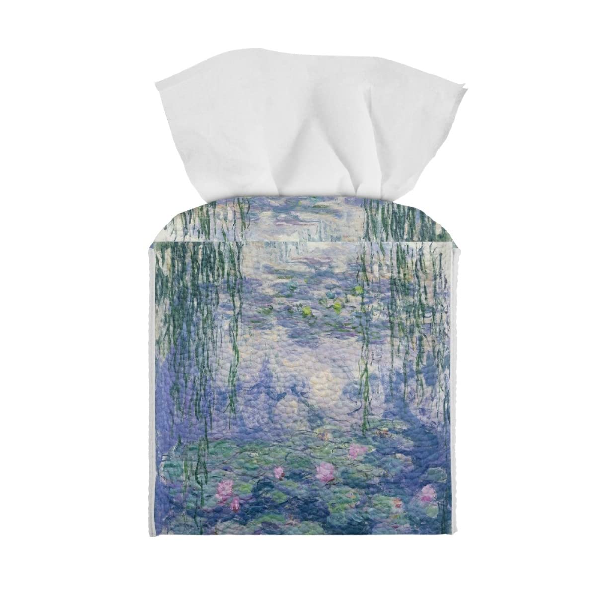 ENLACHIC Tissue Box Cover,Monet Water Lilies Square PU Leather Tissue Box Holder Case Foldable Organizer for Bathroom Vanity Countertop Night Stands