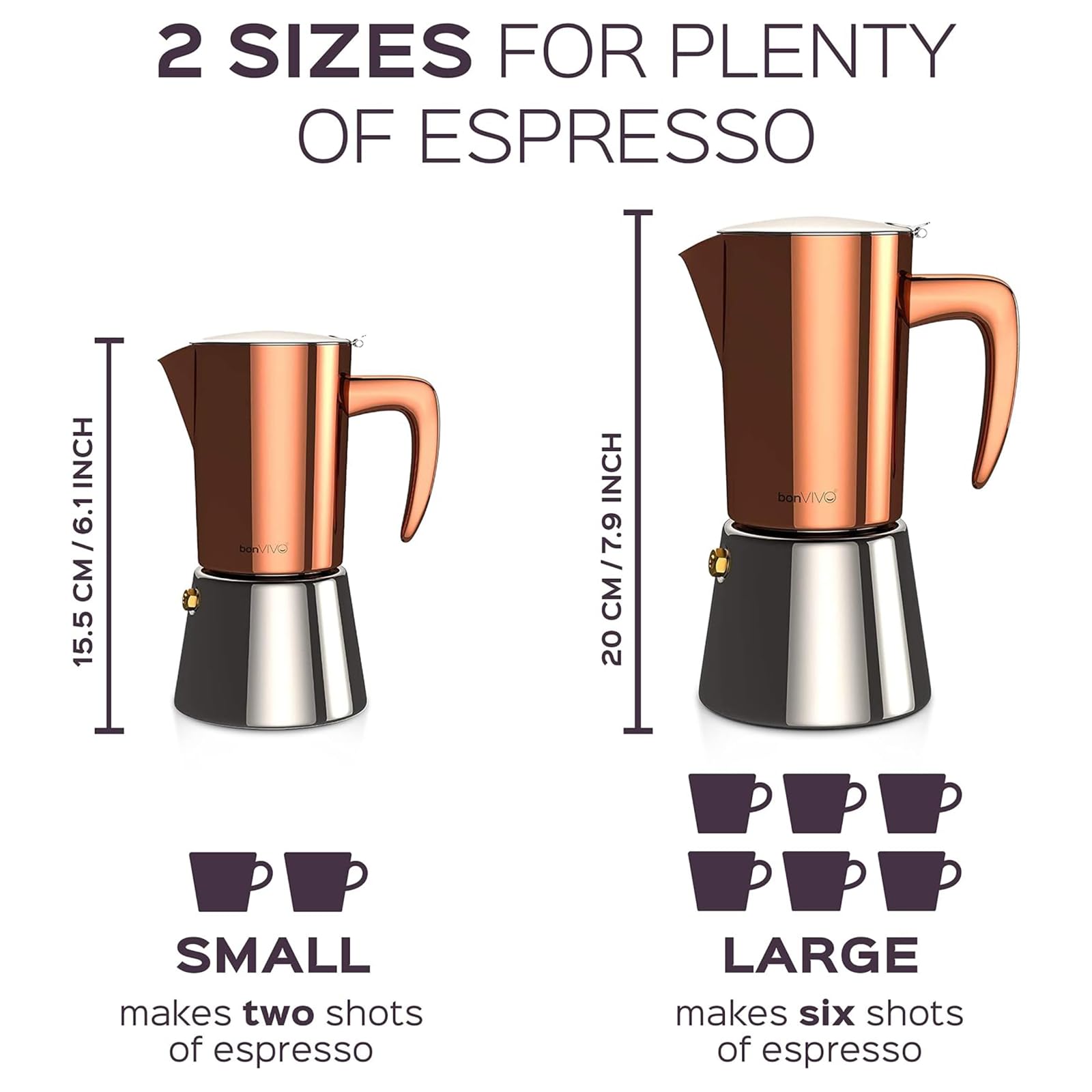 bonVIVO Intenca Espressokocher Induktion geeignet - Edelstahl Kaffeekocher in Kupfer Edelstahl m. Wasserkessel, Sieb – Mokkakanne (Kupfer, 6 Tassen 300 ml)