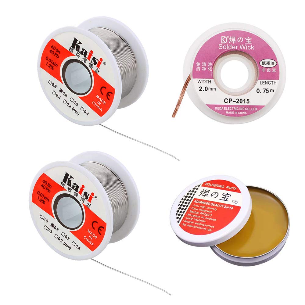 YCD Soldering Tool Kit, 2 Pack of 0.6mm Solder Wire (1.76oz / 50g) + Rosin Flux Paste (0.35oz / 10g) + No-Clean Soldering Core, Designed for Electronic Repair and DIY