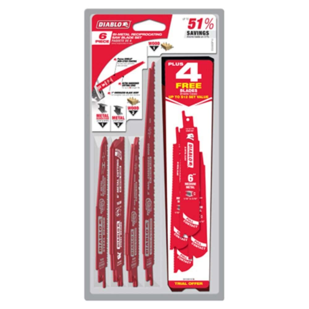 Diablo DS006SP10 Nail-Embedded Wood, Demolition, and Metal Cutting Saw Blade Set for Reciprocating Saws (10 Pieces: 6 Piece Set w/ 4 Extra Metal Cutting Blades)