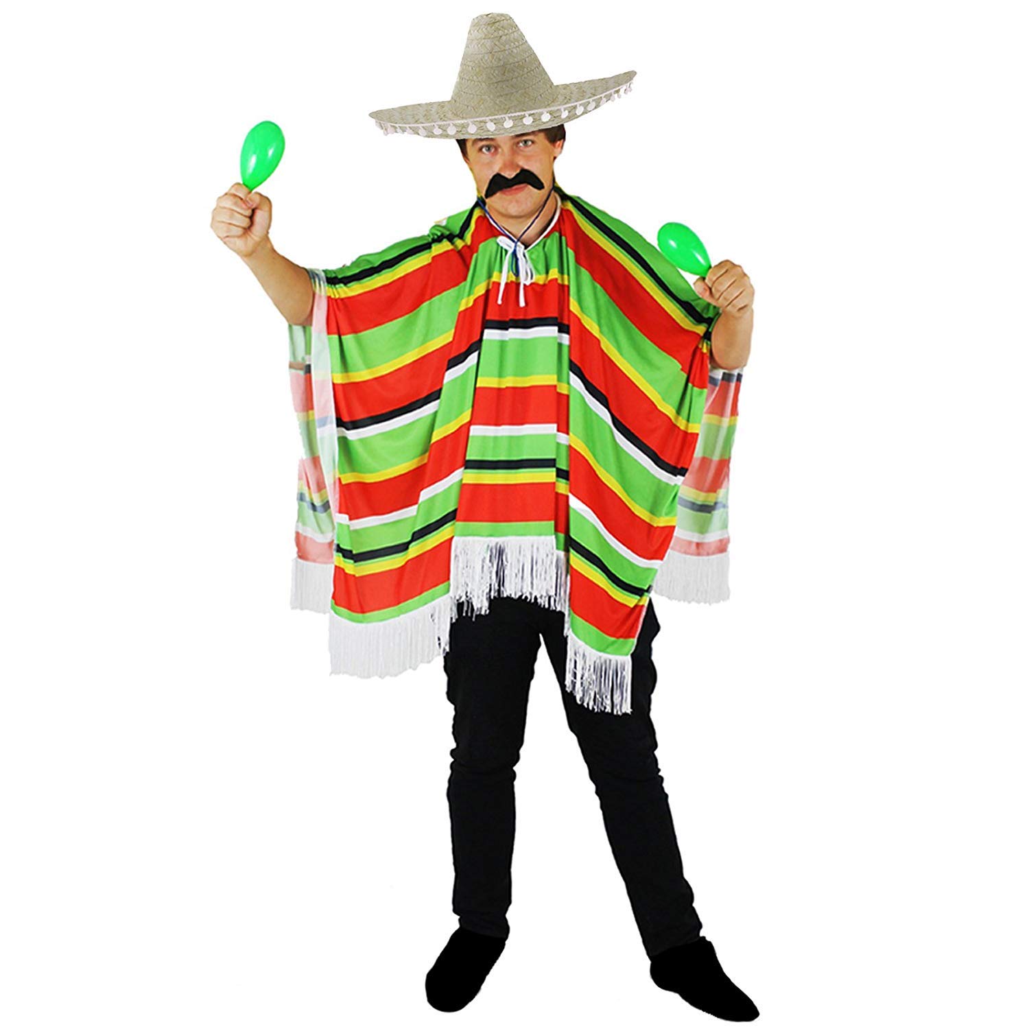 MEXICAN MULTI COLOURED PONCHO + NATURAL SOMBRERO WITH POM POM EDGING + MEXICAN STYLE TASH AND CIGAR PERFECT FOR ANY ADULTS FANCY DRESS PARTY FOR MEN OR WOMEN