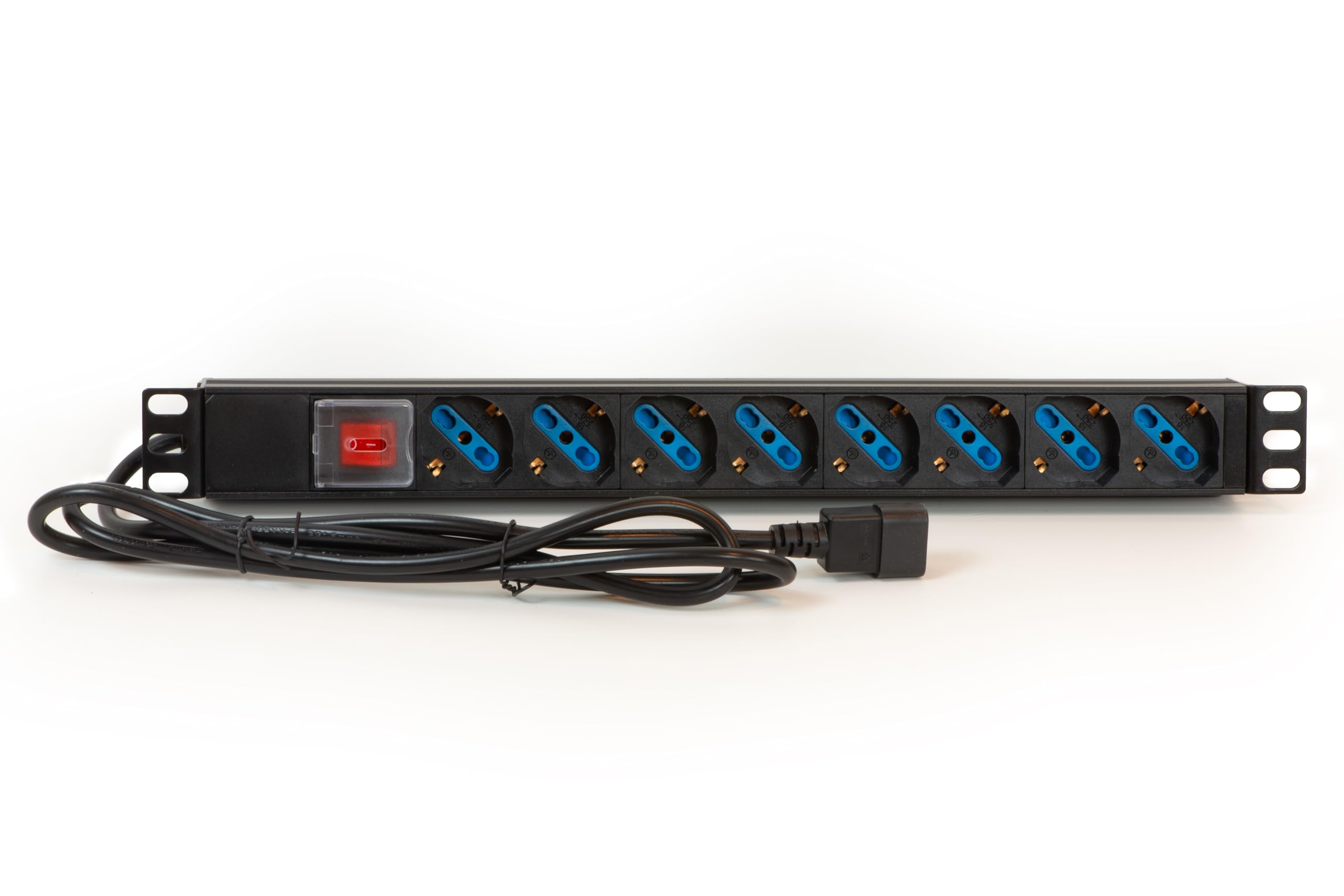 Link multipresa da rack LK10065 con 8 prese universali/Schuko/tripolari, con interruttore e spina C14. Per rack 19”, in metallo resistente, 3,5KW, misure 48,5x4,5x4,5. Alette reversibili.