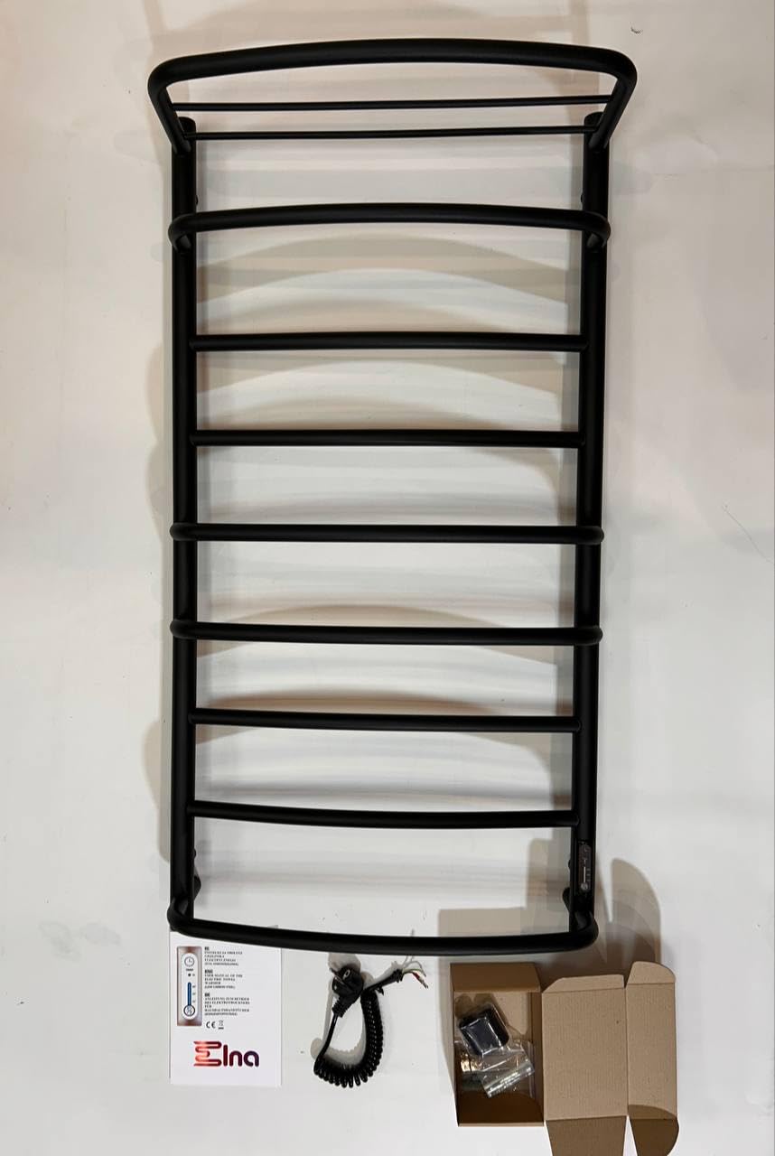 Elna Grzejnik na ręczniki, czarny, 194 W, 1010 x 530 mm, elektryczny z półką – do użytku na co dzień, do domu i mieszkania – matowa czerń – z termostatem, timerem i ekologicznym – IP44 – montaż