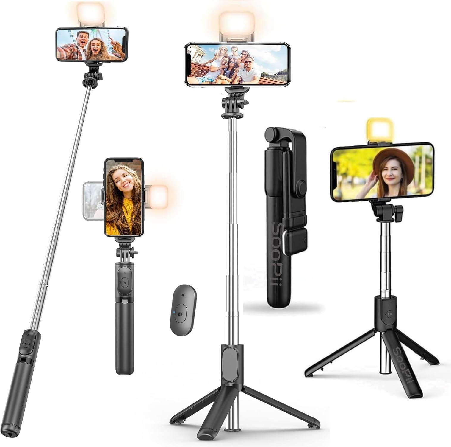 SOOPII Selfie Stick Tripod with Bluetooth Remote, Extendable Aluminium, 360-Degree Rotation, Universal Smartphone Compatibility, Gray (70 CM with Light)-image-21