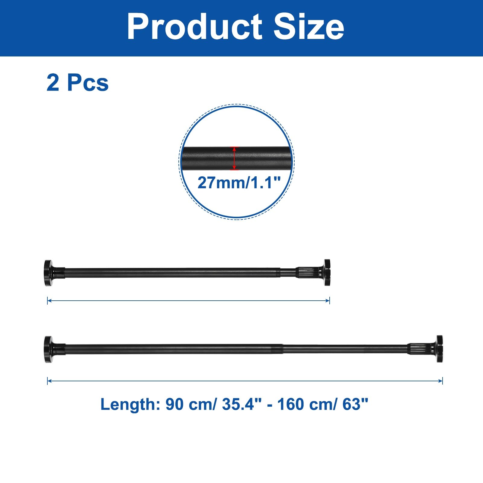 Lot de 2 tringles à rideaux de douche réglables de 91,4 cm à 160 cm en acier au carbone sans perçage pour fenêtres, portes, armoires - Finition noire