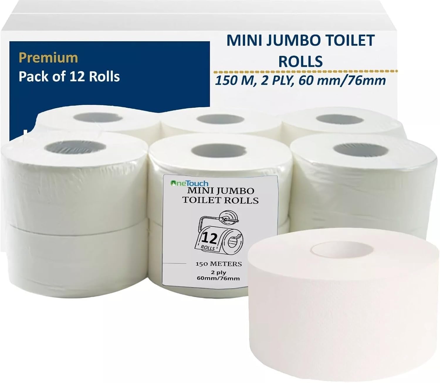 Mini Jumbo Toilet Rolls Pack of 12, 2 Ply White Commercial Toilet Paper 150m Long Rolls 76mm Core Premium Toilet Tissue for Offices Schools Restaurants & Washrooms (76mm Core)
