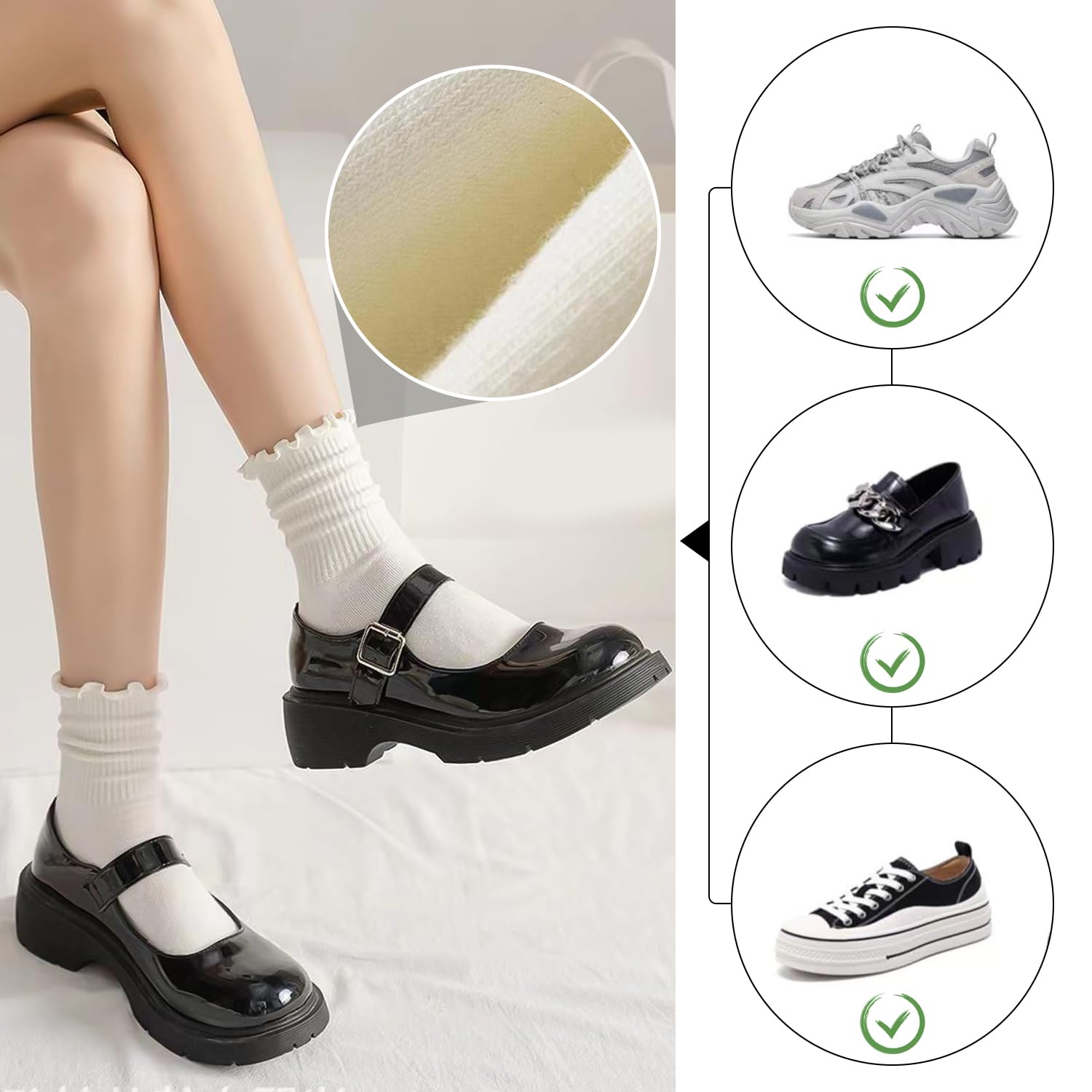 Lot de 8 paires de chaussettes à volants en coton plissé pour femme - Chaussettes élastiques mi-mollet (noir, blanc, blanc laiteux), noir, blanc, blanc laiteux, L