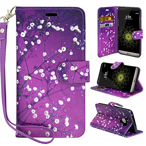 LG G6 Case, LG G6 Wallet Case,Customerfirst PU Leather Magnetic Flip Design Wallet Case for LG G6 + emoji keychain (Blossom Purple)