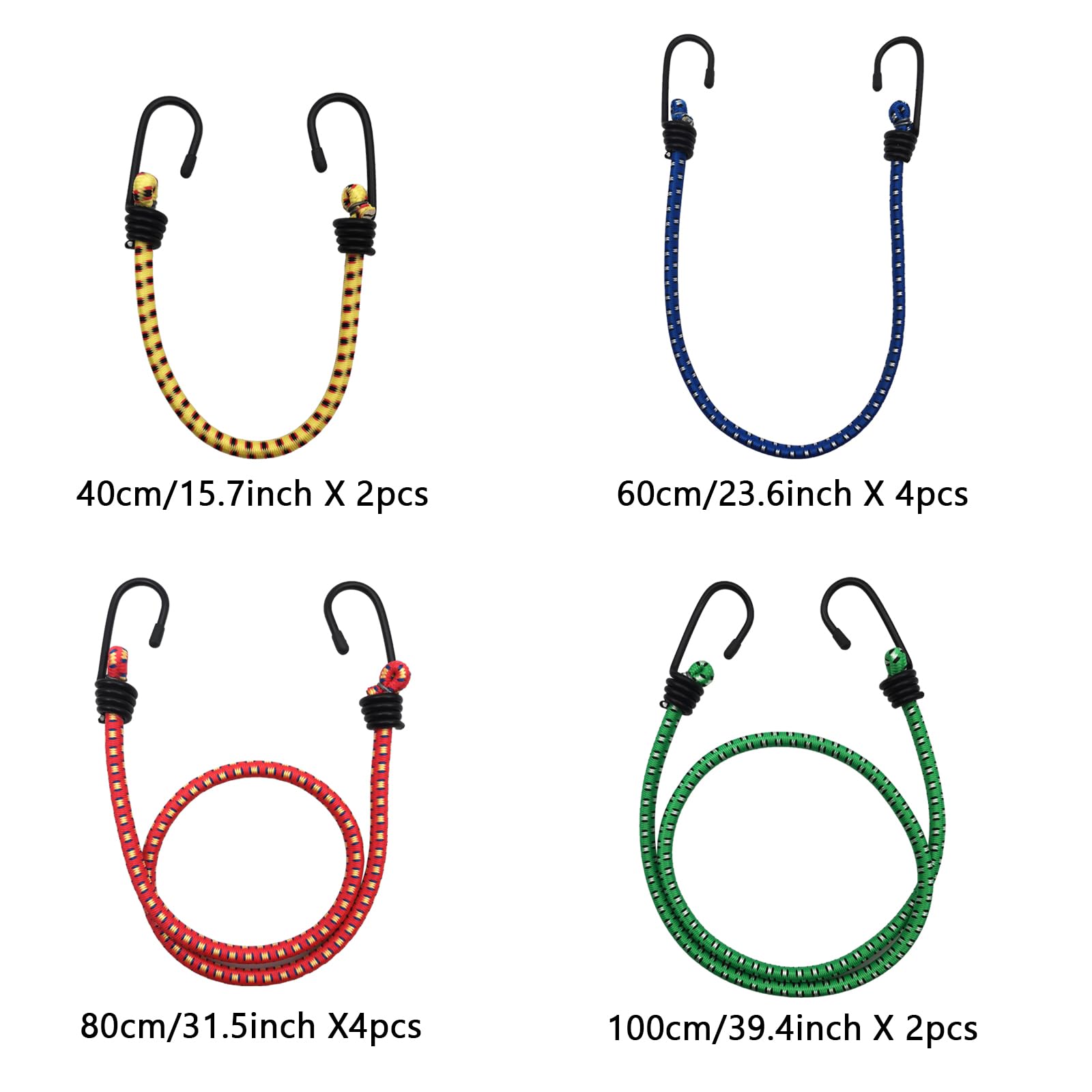 Lot de 12 tendeurs élastiques avec crochets pour extérieur, tailles assorties 40,6 cm, 61 cm, 81,3 cm, 101,6 cm pour tente extérieure, porte-bagages, camping, cargo, camping-car, vélo, transport,