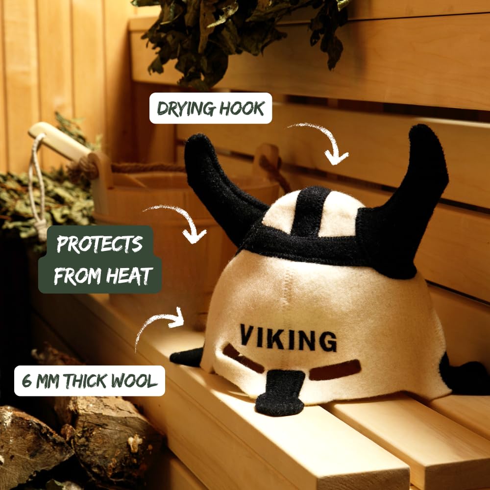 Saunahut 'Sauna Viking' White - 100% organische Wollfilzmützen - Schützen Sie Ihren Kopf vor Hitze - Englische Sauna E-Book Handbuch inklusiv - mit Stickerei