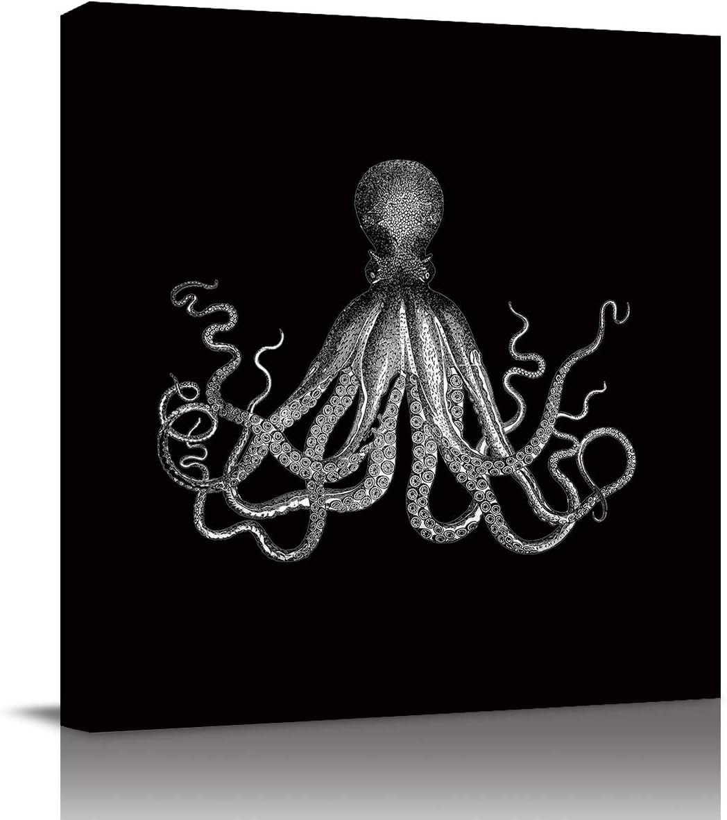 LooPoPFramed Canvas Wall Art for Living Room Octopus Black Background Wall Decor, Ocean Animal Aesthetic Paintings for Bedroom Office Kitchen Bathroom, Ready to Hang Wall Pictures 12x12 Inch