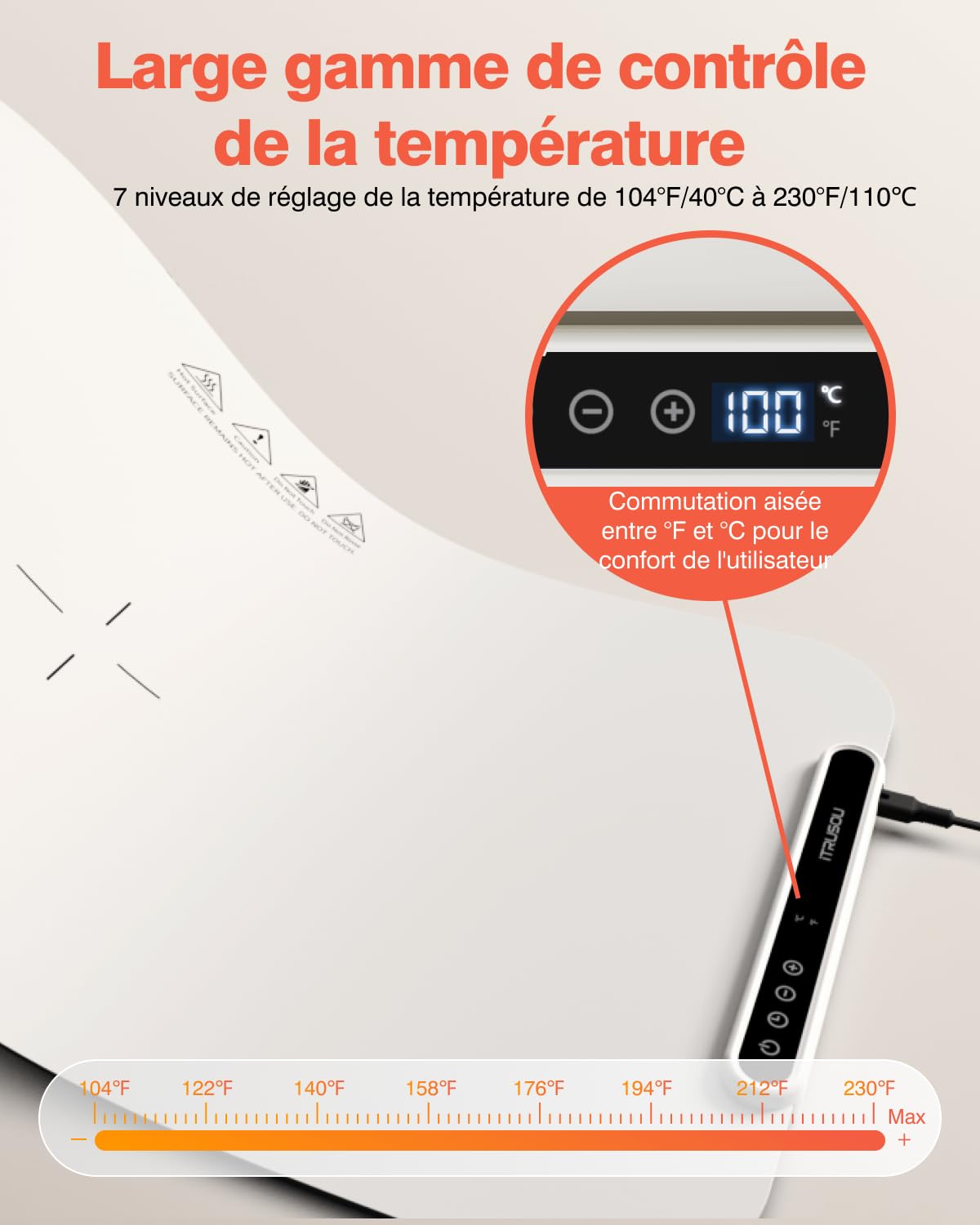 Plaque chauffante pour Aliments, iTRUSOU Réchauffeur d'aliments Chauffage sur Toute la Surface, contrôle de la température réglable, Plaque chauffante Portable et Pliable avec matériau Nano Silicone