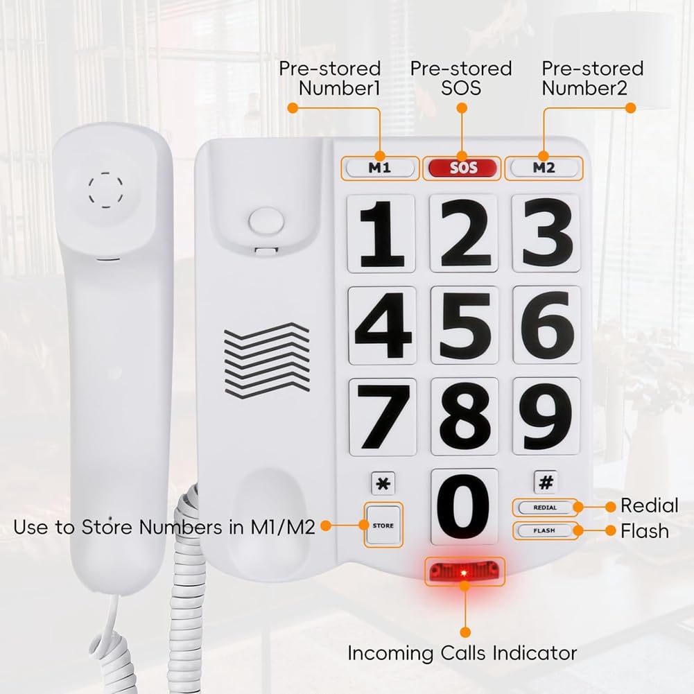 Téléphone à Grosses Touches pour Personnes Âgées, Téléphone Fixe à Domicile, Une Touche pour Téléphone D'Aide pour Les Malentendants