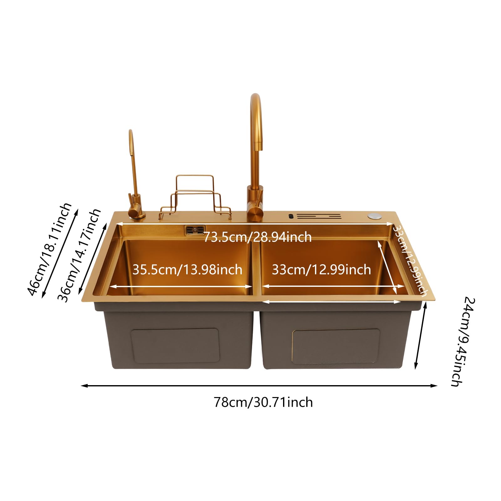 Fregadero de cocina de acero inoxidable con grifo de 78 x 46 cm, juego con cuchillo especial y organizador de tabla de cortar, fregadero multifunción, fregadero de cocina, fregadero con 2 cuencos