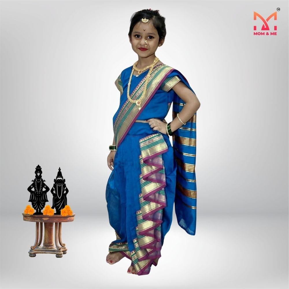 Mom and Me Girls' Ready-to-Wear Mastani Nauwari Saree with Stitched Blouse | Traditional Maharashtrian Ilkal Border | Soft Acrylic Cotton | Age 12 Months to 15 Years (Blue, 12-13 Years) - Image 2 thumbnail