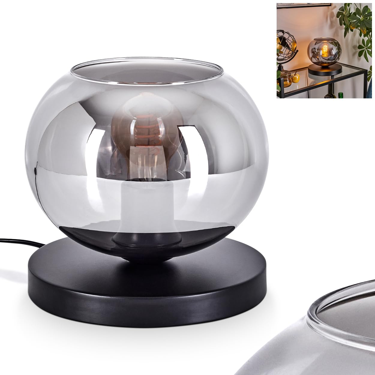 Tischleuchte Apedo, Tischlampe aus Metall/Glas in Schwarz/Rauchfarben, Leuchte im modernen Retro/Vintage-Design mit Schirm aus Glas (Ø 20 cm) u. An/-Auschalter am Kabel, 1 x E27, ohne Leuchtmittel