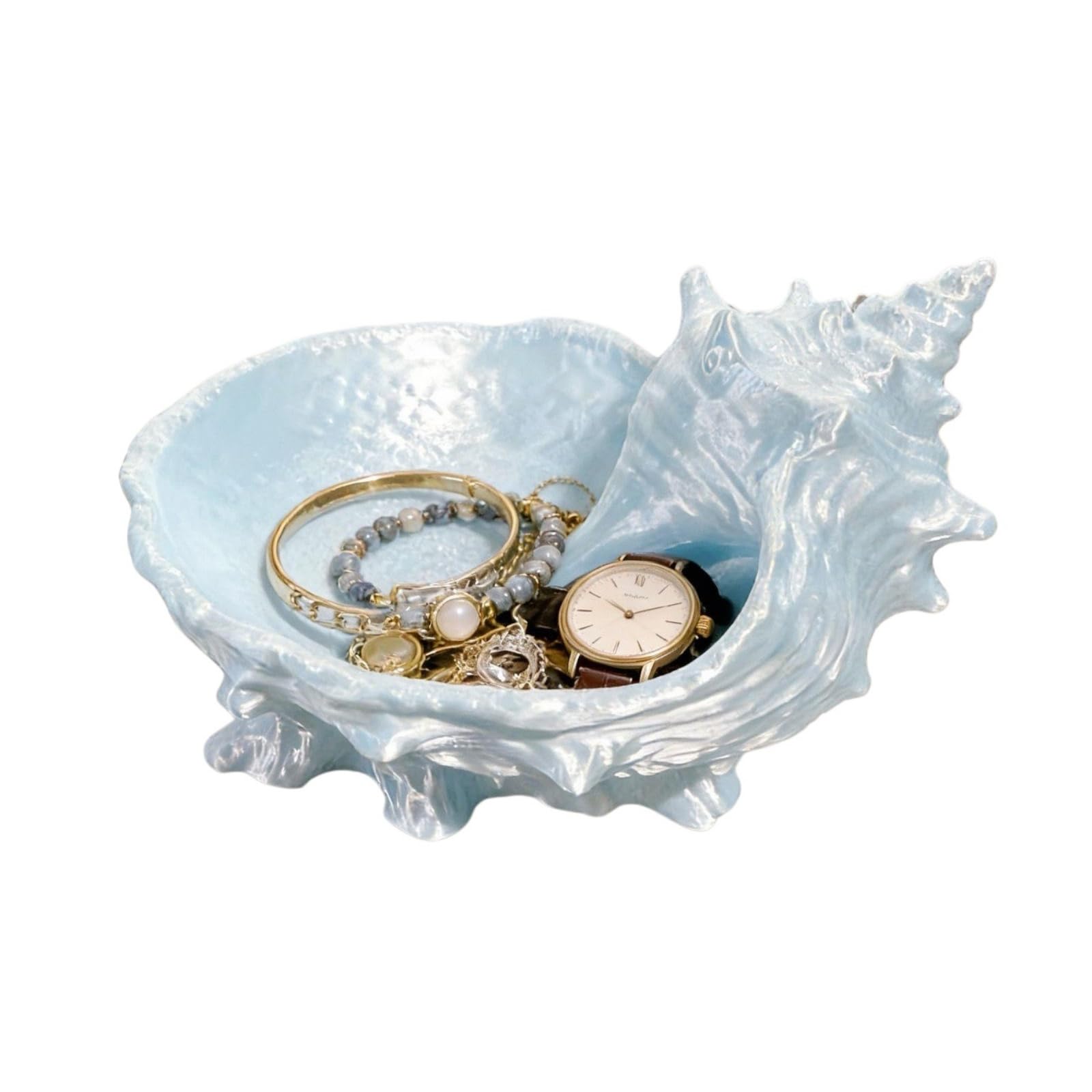 Conch Shell Jewelry Dish, Pearlescent Seashell Trinket Tray, Coastal Nautical Decorative Bowl for Vanity Bathroom Bedroom Makeup Organizer,Blue