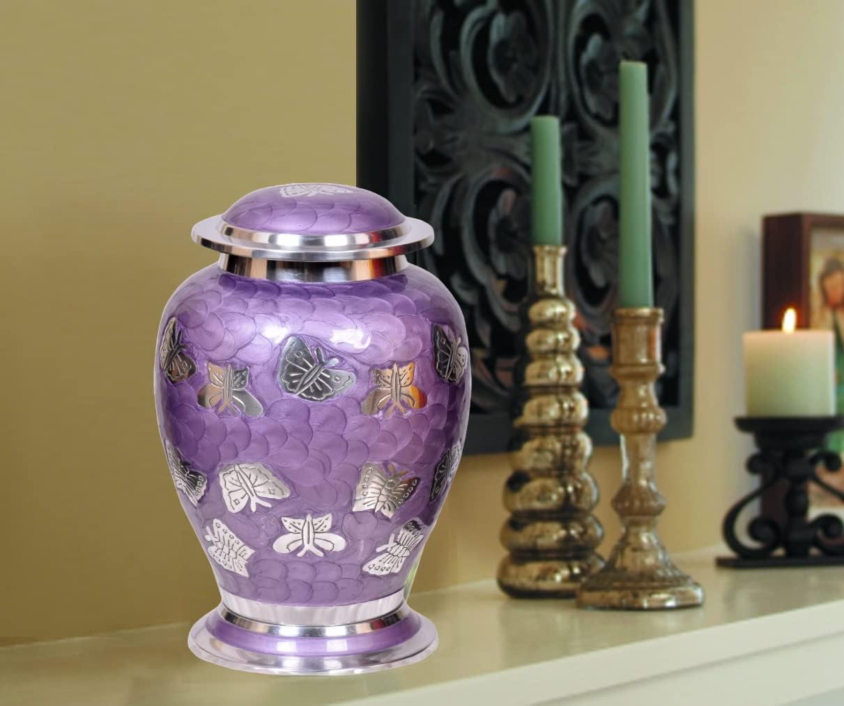 MEMORIALS 4U Lavender Butterflies Cremation Urn - Solid Metal Purple Butterfly Urn - Lavender with Silver Butterfly Adult Funeral Urn - 100% Handcrafted Affordable Urn for Human Ashes with Free Bag