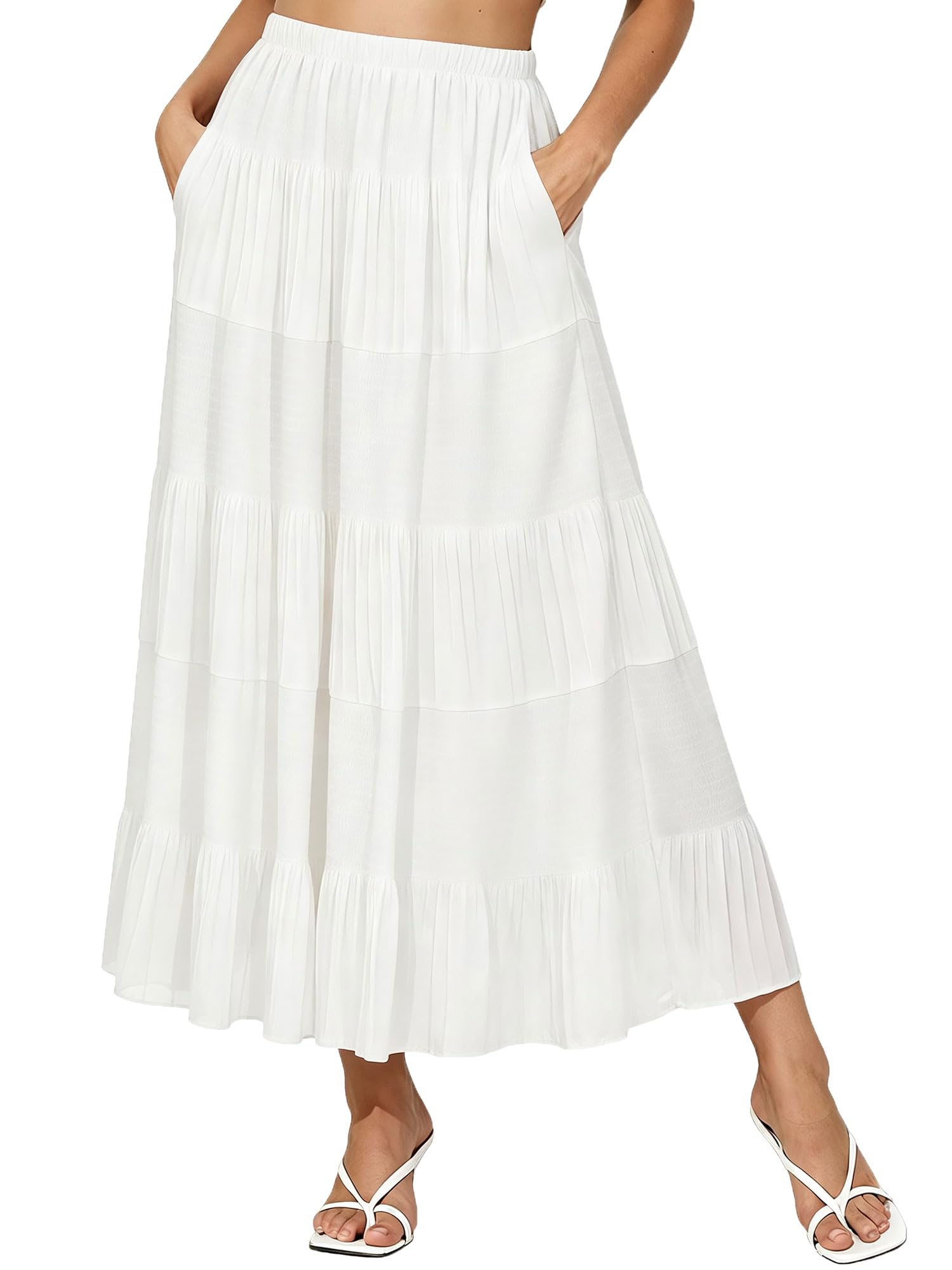 NASHALYLY Women's High Waisted Elastic Chiffon Boho Maxi Skirt with Pockets White S