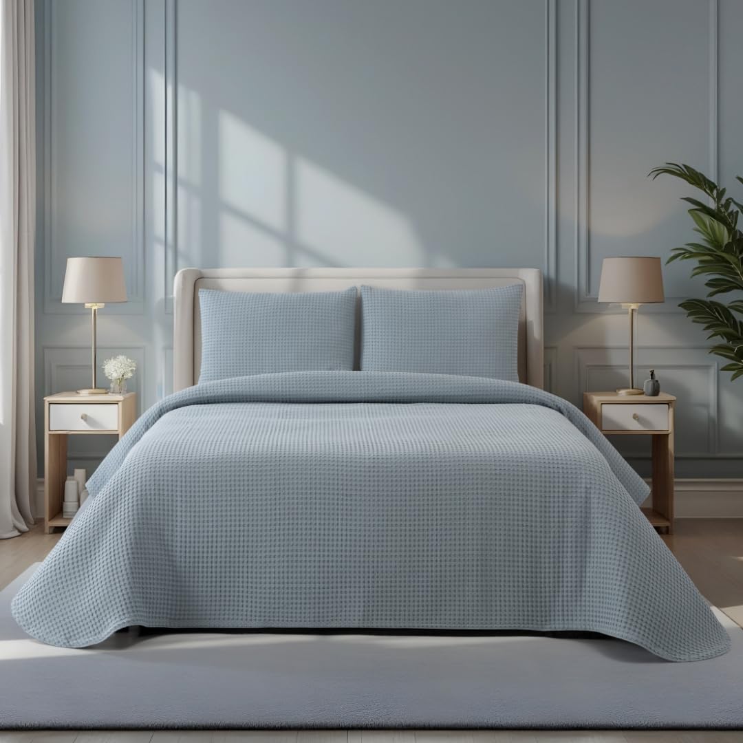 Colcha Azul para Camas 135/140/150 - 240 x 260 cm - Elegante Patrón de Waffle - 100% Algodón Prelavado