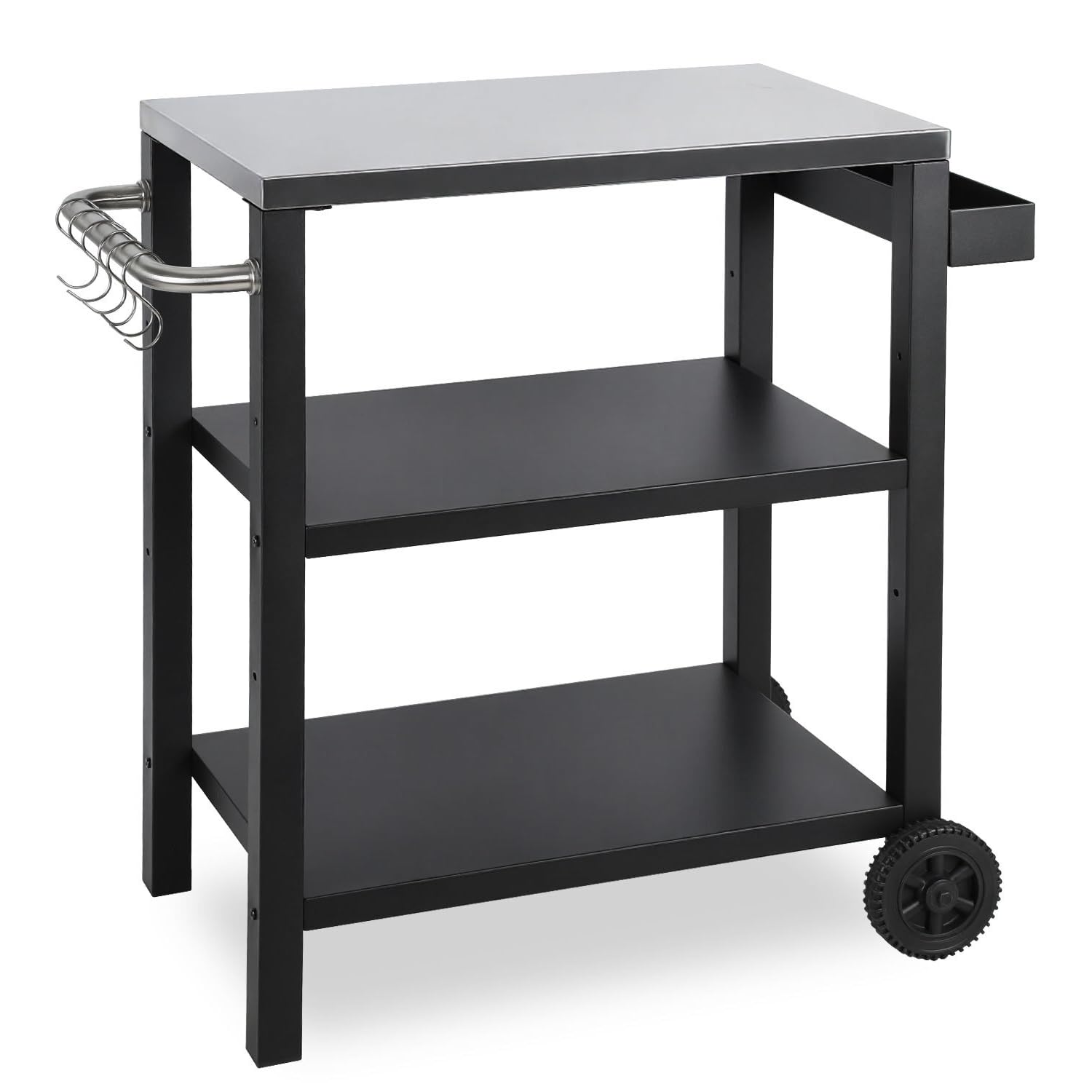 Carro de barbacoa regulable en altura, mesa de barbacoa con 3 estantes, 6 ganchos, asa y estante para especias, carrito de cocina al aire libre con ruedas, mesa de acero inoxidable para jardín