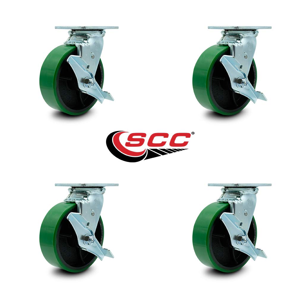 Polyurethane on Cast Iron Swivel Top Plate Casters Set of 4 Heavy Duty with 6 Inch Green Wheels - Includes 4 Swivel with Top Lock Brakes – 4,800 lbs. Total Capacity - Service Caster Brand