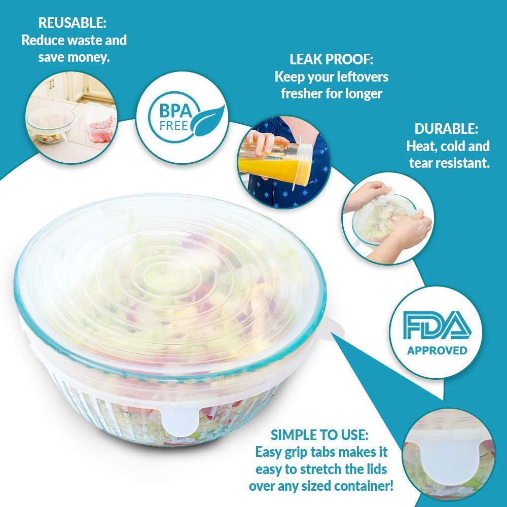 Microwave Safe, Reusable, Durable, Dishwasher Silicone Stretch Lids Flexible Bowl Covers for Bowl, Can, Jar, Glassware (Set of 6) — Amazon image 6