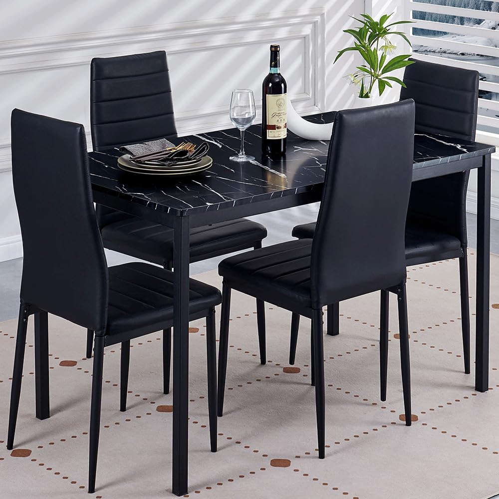 Dining Table and Chairs Set 4, Modern MDF Dining Table and 4 Faux Leather Chairs, 5 Piece Set (Black, 5 Piece Set-R)